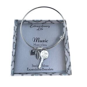 Extraordinary Life Music is Key Sterling Silver Expandable Bangle Bracelet